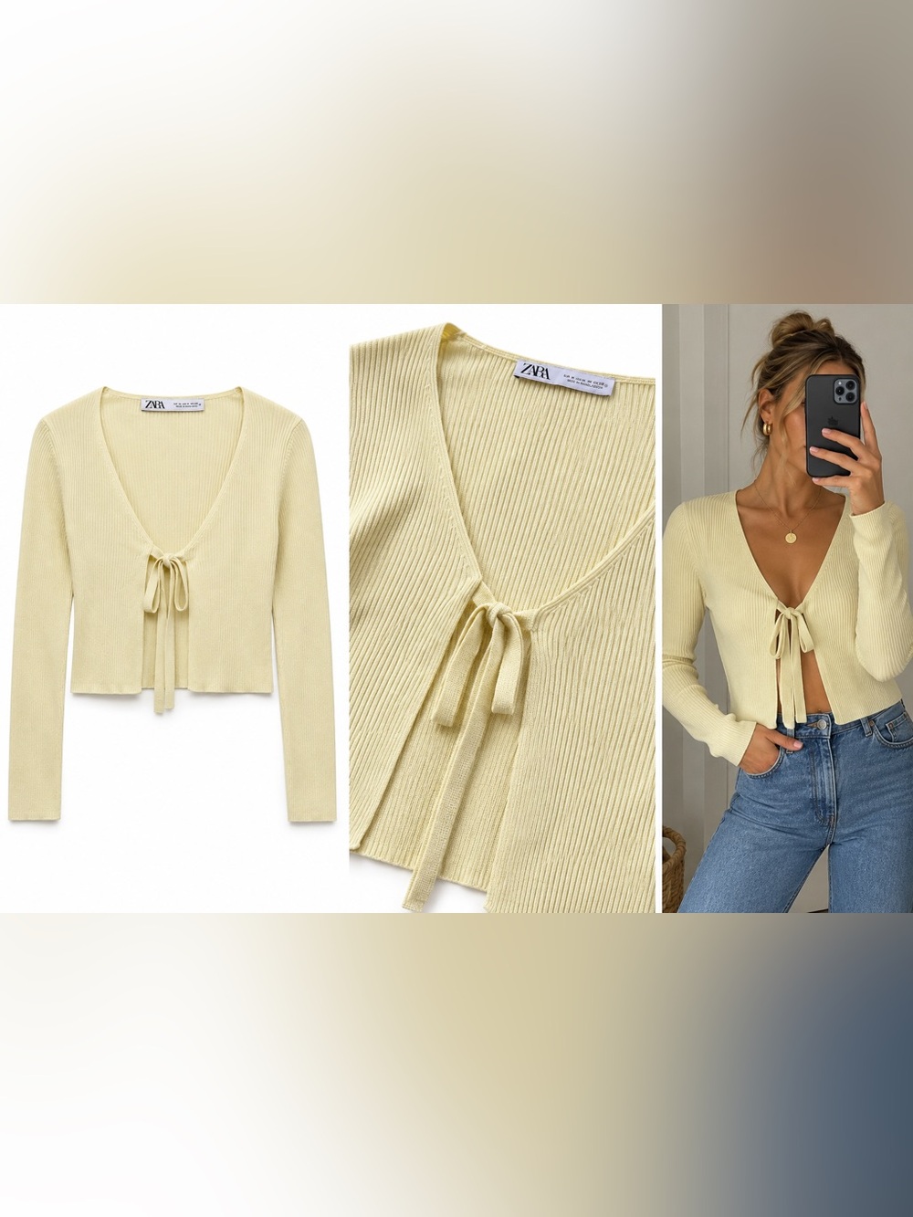 ZARA Pale Yellow Ribbed Tie-Front Crop Top